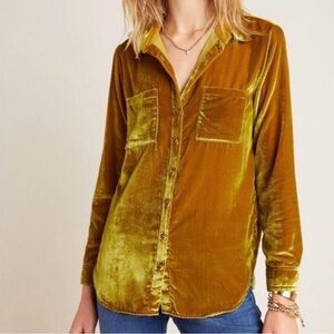 Anthropologie Maeve Karina Velvet Button Down Shirt in Gold Size